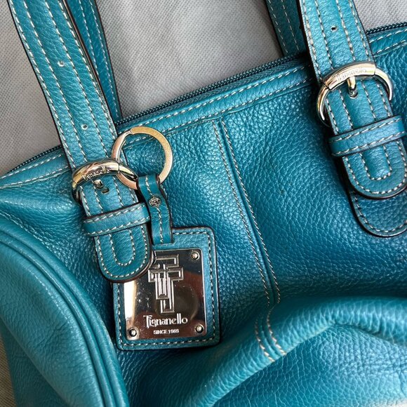 Tiganello Blue Teal Pebbled Leather Slouchy Purse Bag - Picture 9 of 11